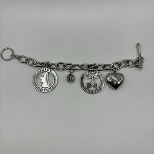 Juicy Couture Silver Tone Black Heart Charm Link Chain Toggle Bracelet